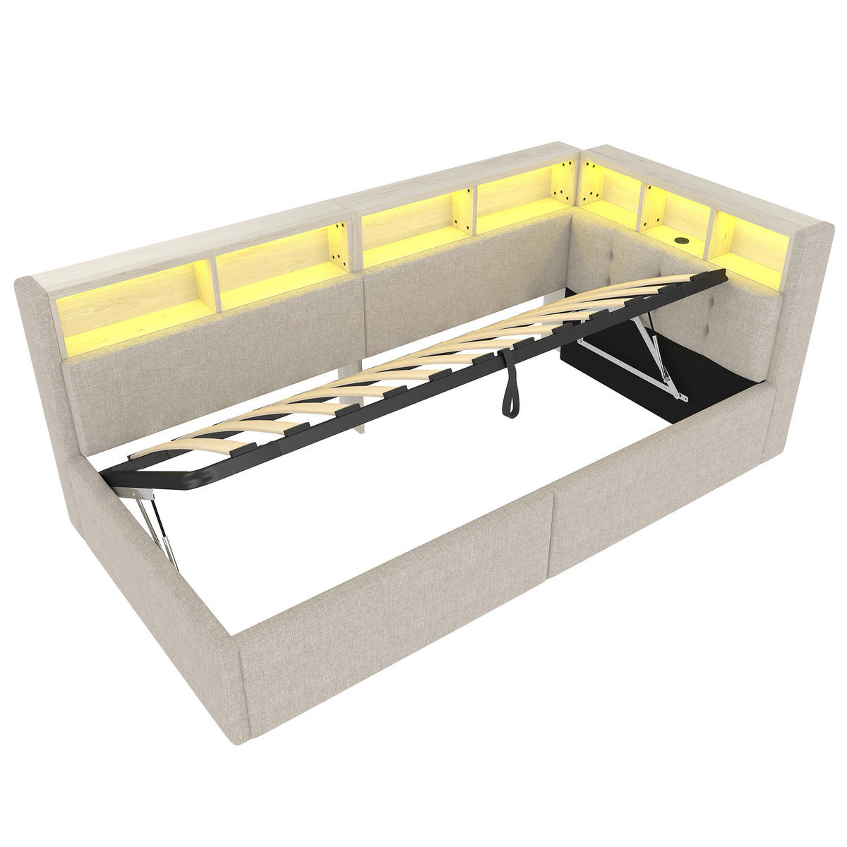 STAURAUMBETT 90/200 cm DE-04951, mit LED und Hydraulik in Beige - Beige, Holzwerkstoff (90/200cm) - ComfortXL