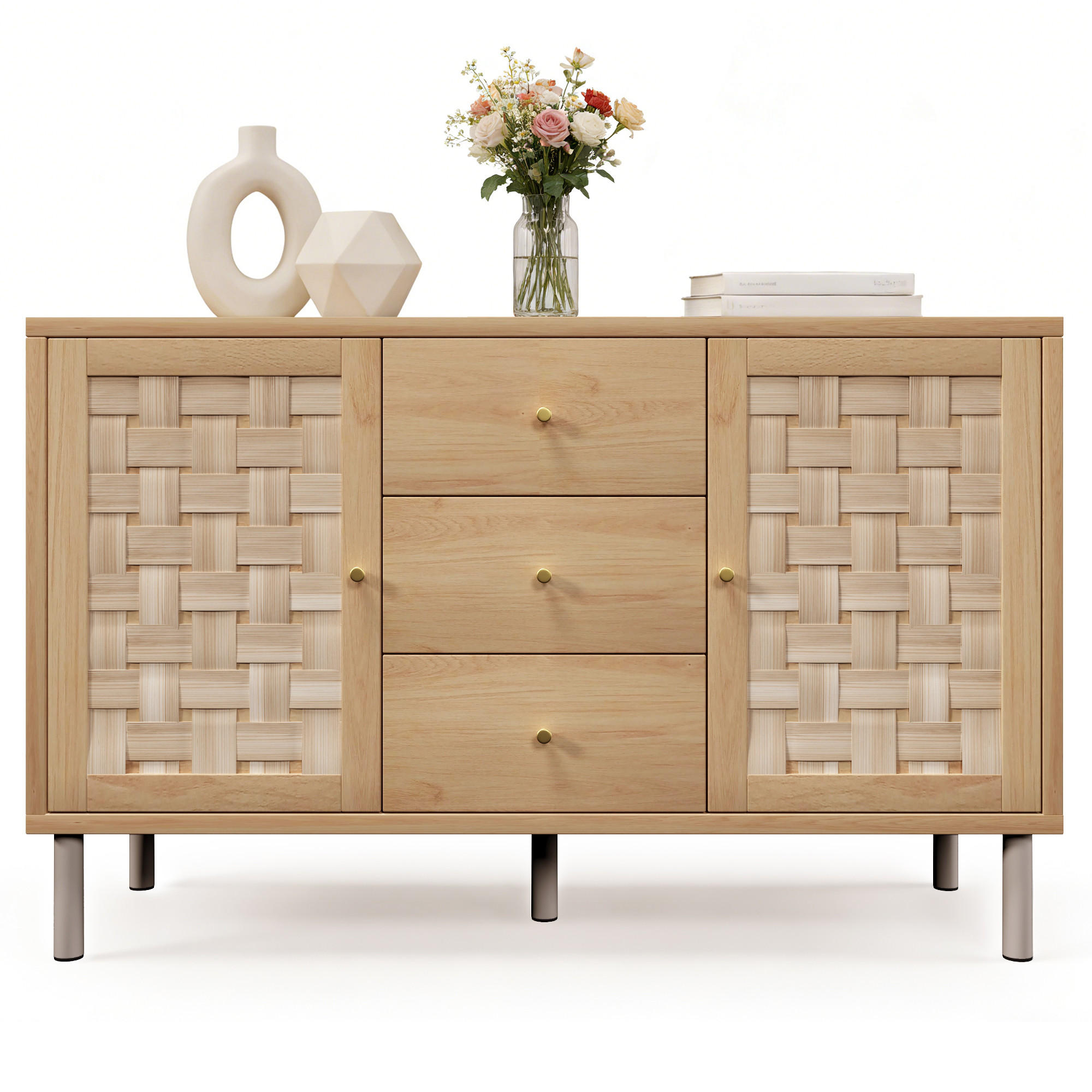 SIDEBOARD in Naturfarben Kommode mit 2 Türen, 3 Schubladen, Metallbeinen & verstellbaren Böden,B120/T40/H75cm - Naturfarben/Weiß, Holzwerkstoff/Metall (120/70/40cm) - STILVORA
