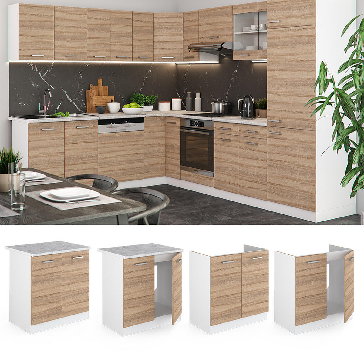 SPÜLENUNTERSCHRANK R-Line Sonoma 80 cm, AP Eiche - Weiß/Sonoma Eiche, Holzwerkstoff (80/81.6/60cm) - Vicco