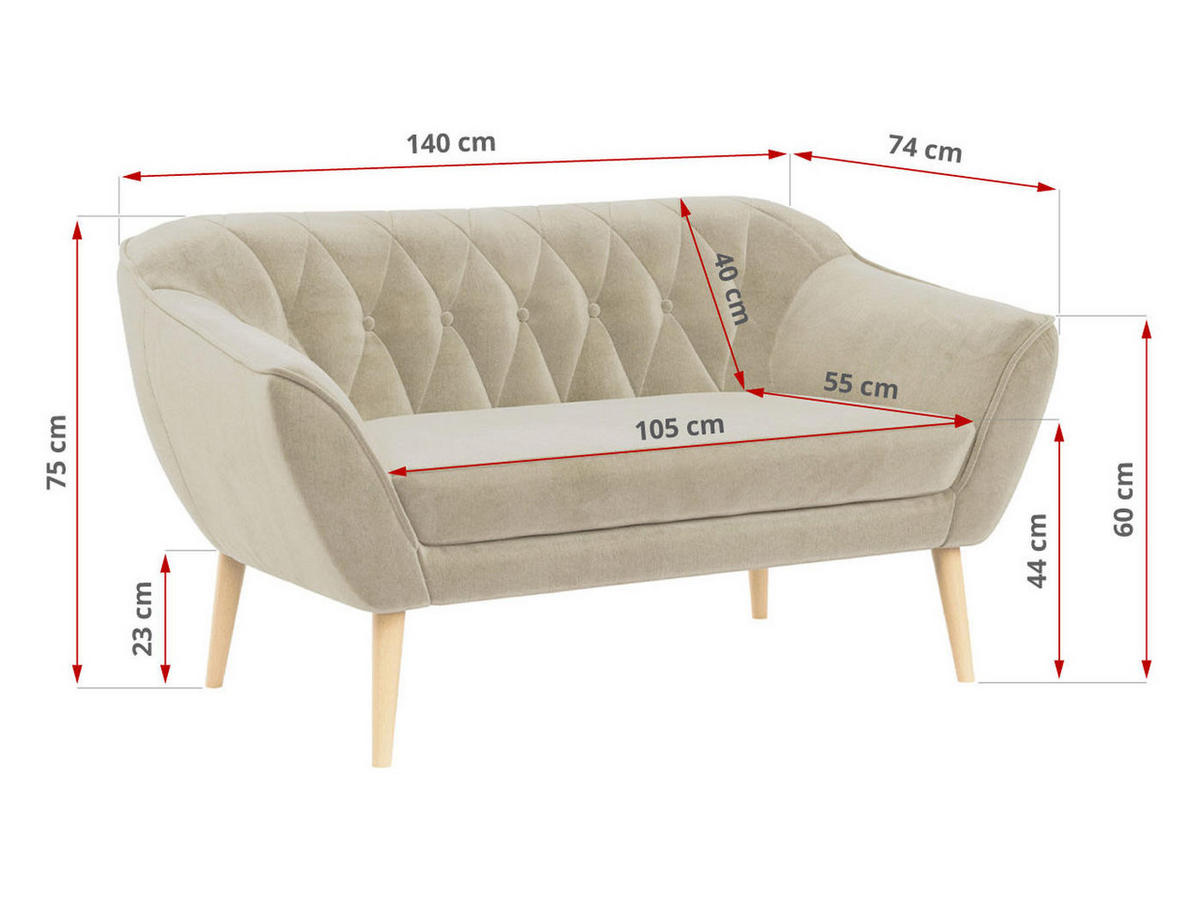 SOFA Pirs 2 Sitzer Velvet Beige - Beige/Braun, Holz/Textil (140/75/74cm) - MKS