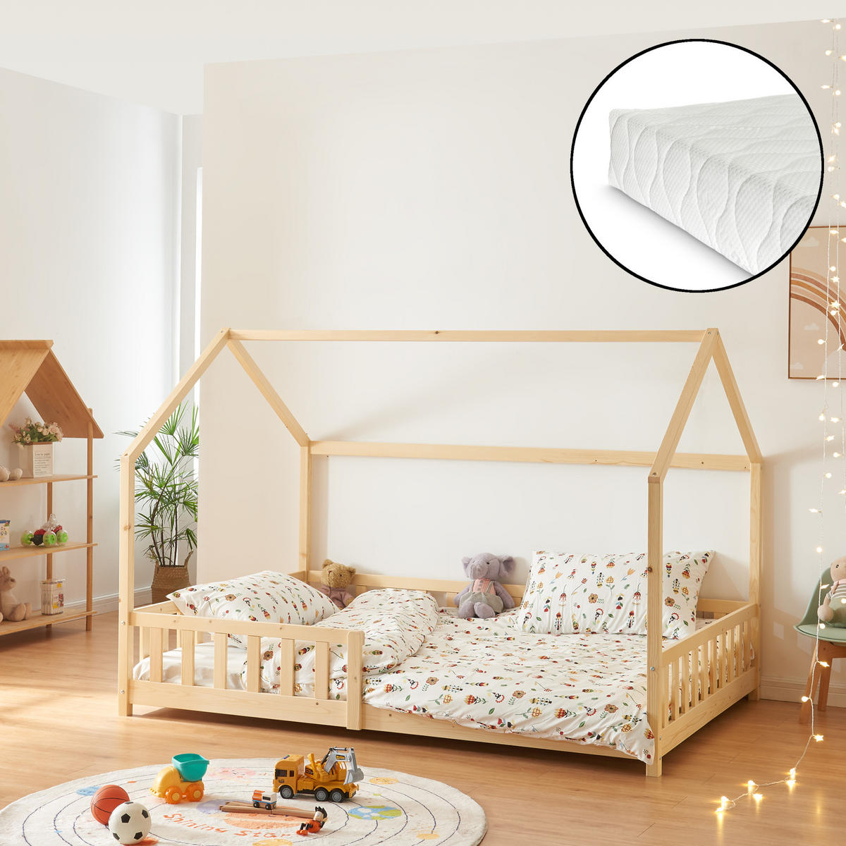HAUSBETT Hesel mit Matratze - Naturfarben, Holz/Textil (120/200cm) - [en.casa]