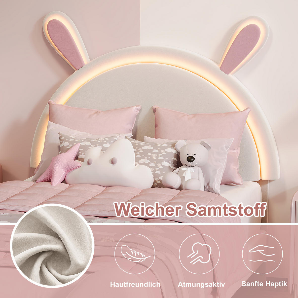 KINDERBETT 90x200 cm mit Hasen-Design, Ambiente-LED, Lattenrost, einfacher Montage, Weiß - Weiß, Holz (90/200cm) - BRILVERDE
