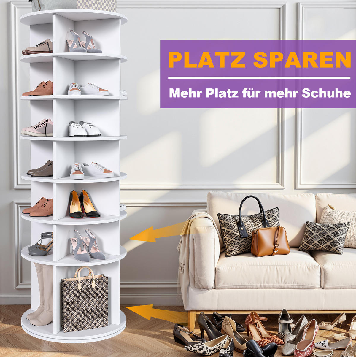 SCHUHREGAL aus PVC 60x60x184 cm Weiß mit 360°-Drehfunktion, 7 Ebenen und Platz für bis zu 28 Paar Schuhe - Weiß, Holzwerkstoff (60/184/60cm) - Modfu