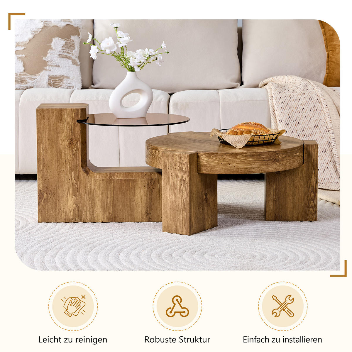 KONFERENČNÍ stolek 61/61/30 cm dřevodekor z MDF s tónovaným sklem 2v1 - přírodní, kompozitní dřevo (61/61/36cm) - OKWISH