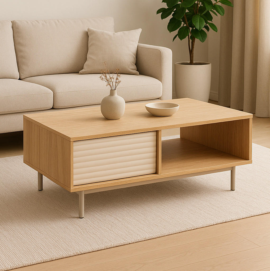 COUCHTISCH rechteckig Eiche geölt - Cashmere mit Staufach - Eichefarben/Beige, Holzwerkstoff (60/100/46cm) - designimpex