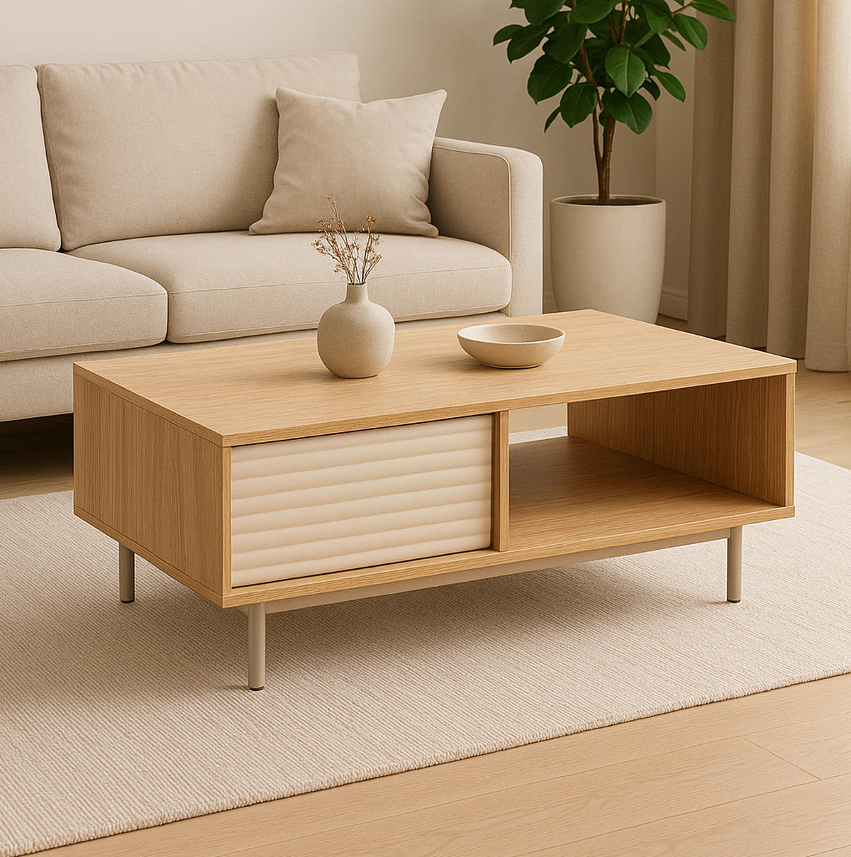 COUCHTISCH rechteckig Eiche geölt - Cashmere mit Staufach - Eichefarben/Beige, Holzwerkstoff (60/100/46cm) - designimpex