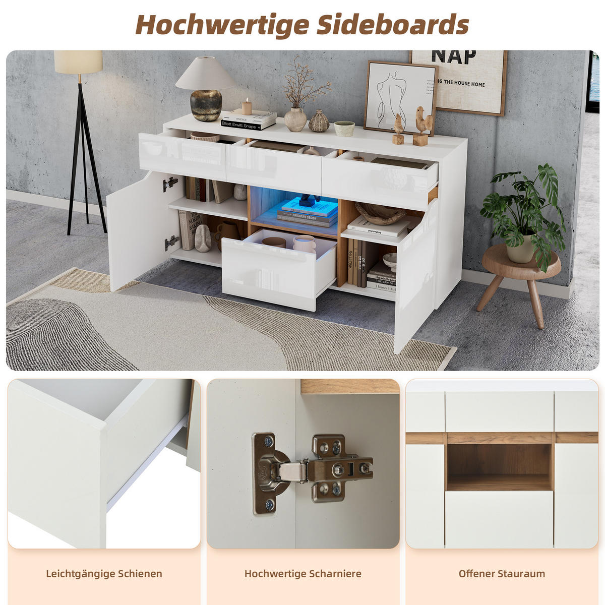 SIDEBOARD LED Weiß Holz 4 Schubladen 2 Fächer 140x40x70cm - Weiß, Holzwerkstoff (40/70/140cm) - FLIEKS