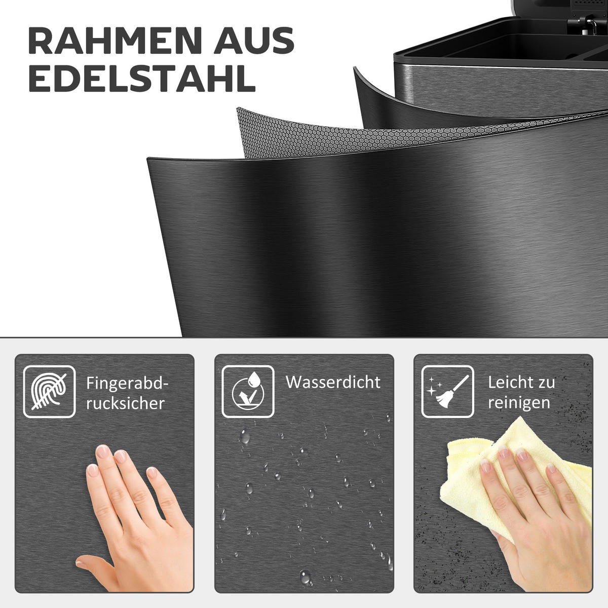 MÜLLEIMER 3x20L Abfalleimer aus Edelstahl mit Softclose Deckel Deodorant-Fächern - Schwarz, Metall (36.6/56.7/61.9cm) - HOMCOM