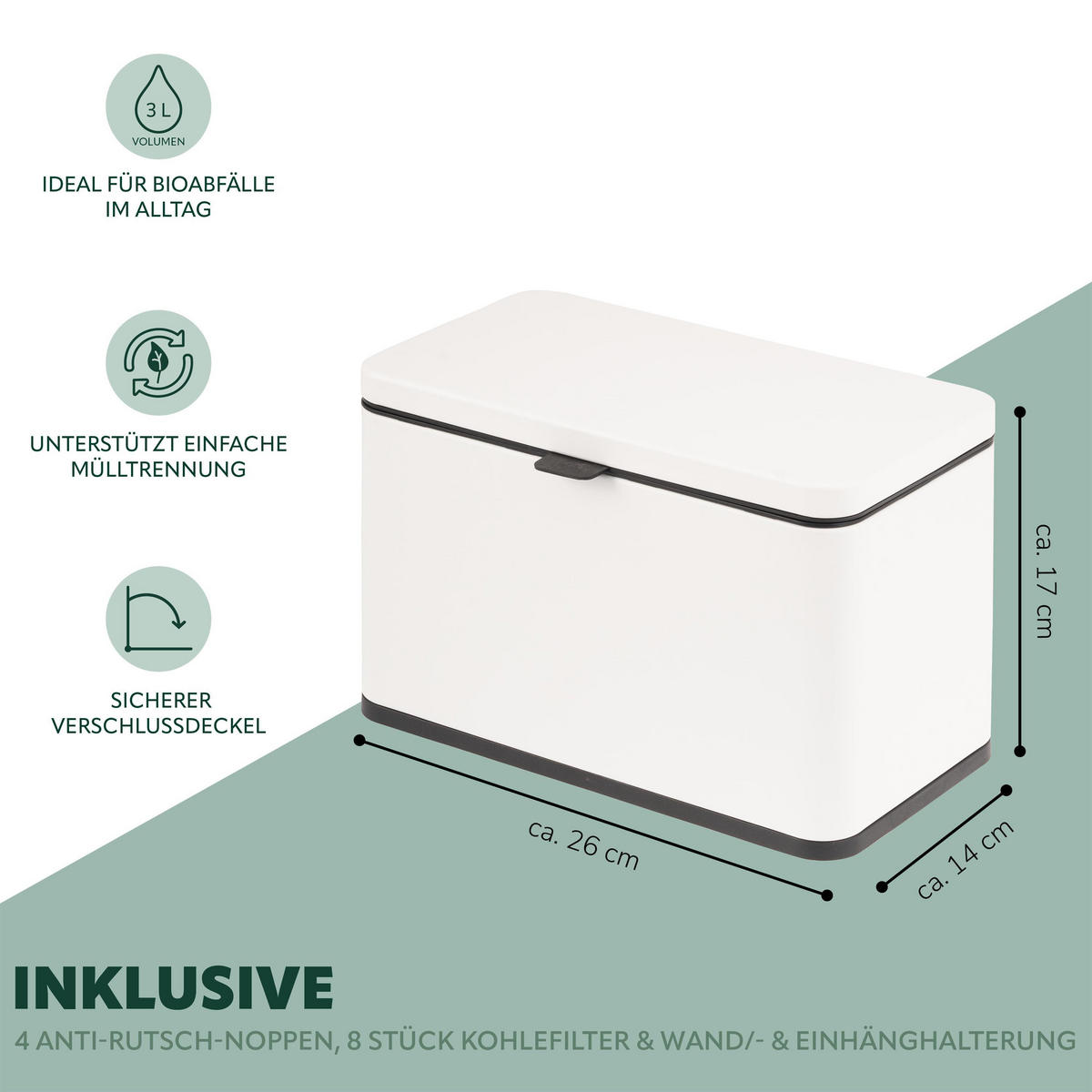 BIOMÜLLEIMER 3 Liter, Metall, weiß - Weiß, Metall (26/17/14cm) - eluno