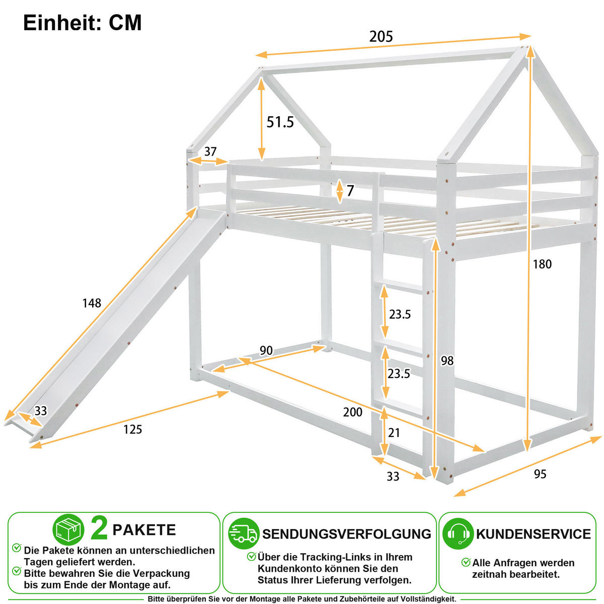 ETAGENBETT 90/200 cm & 90/200 cm in Weiß Hausform mit Rutsche und Leiter - Weiß, Holz/Holzwerkstoff (90/200cm) - CHICFURN