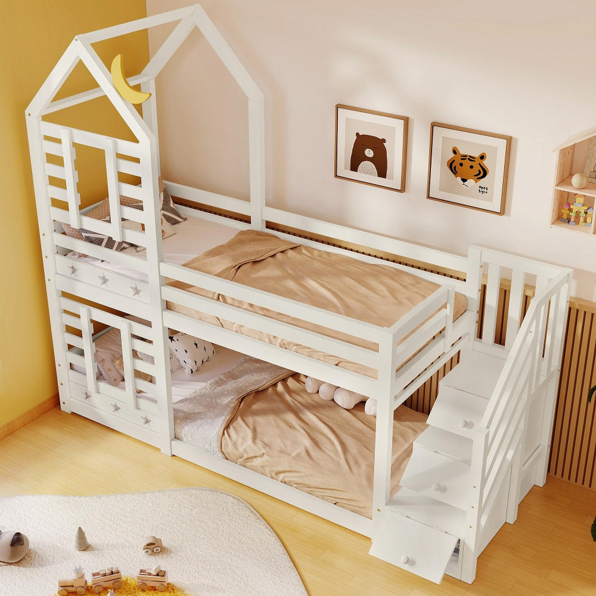 HOCHBETT BAUMHAUS mit Schubladen, Rausfallschutz, Treppe, Kiefer Massivholz, Weiß, 96/257/217 cm - Weiß, Holz (90/200cm) - Rolipo