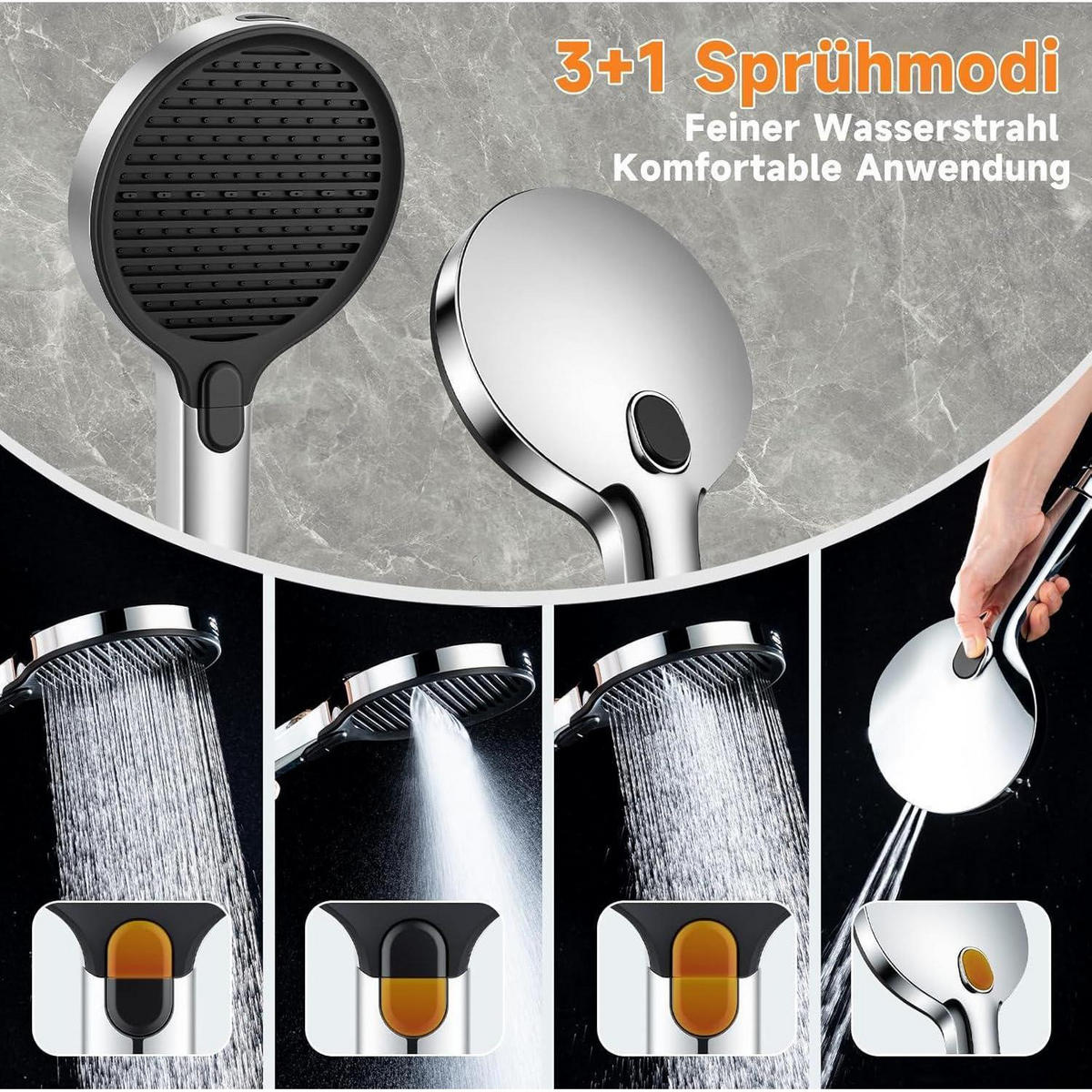 HANDBRAUSE 140 mm mit 3+1 Strahlarten und Wassersparfunktion - Silberfarben, Metall (15/12.7/25cm)