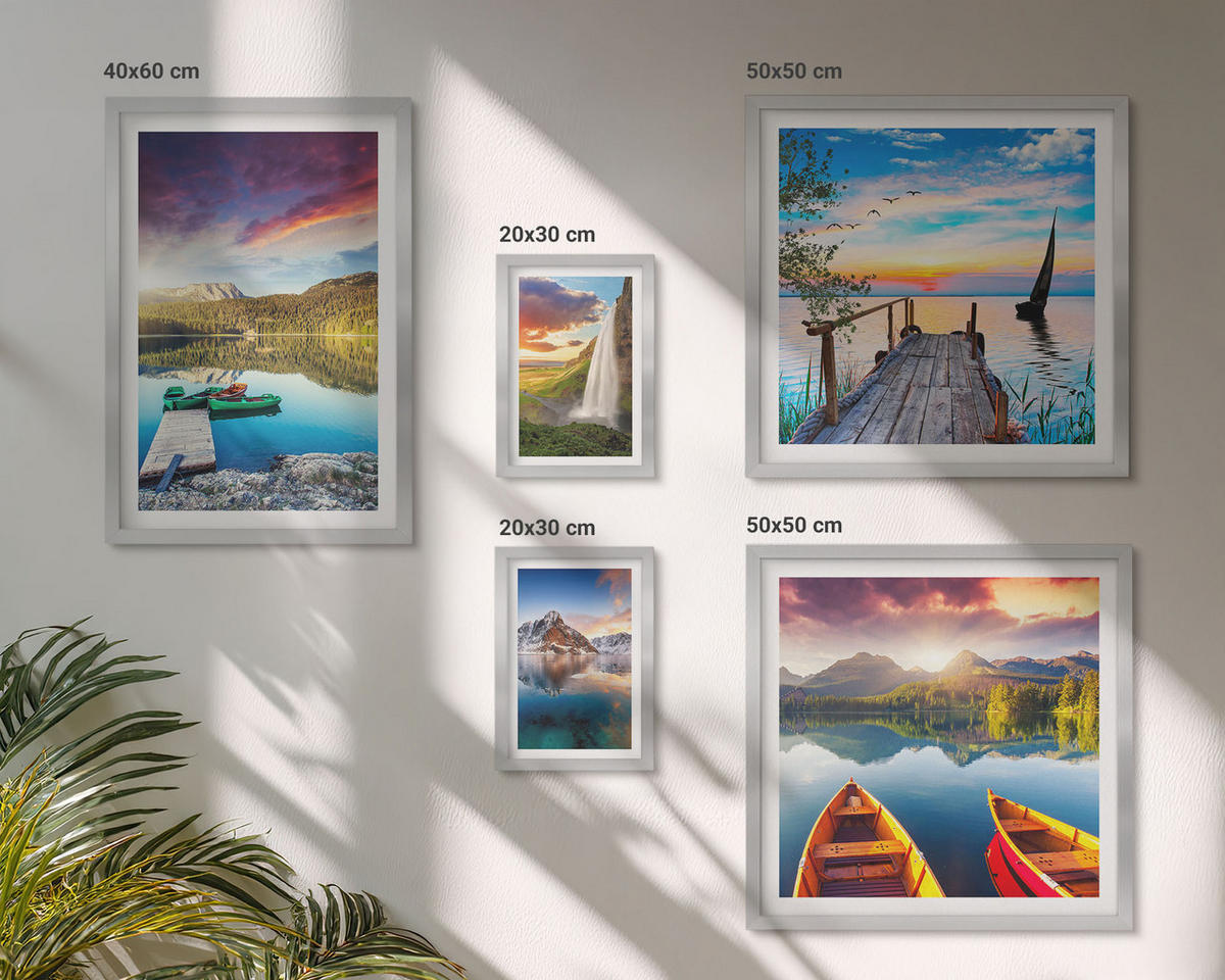 WANDBILDER 5er Set - 50x50 cm & 20x30 cm & 40x60 cm Silberner Rahmen - Seen- und Berglandschaft Łódź - Silberfarben, Kunststoff (40/60cm) - ArtPrintCave