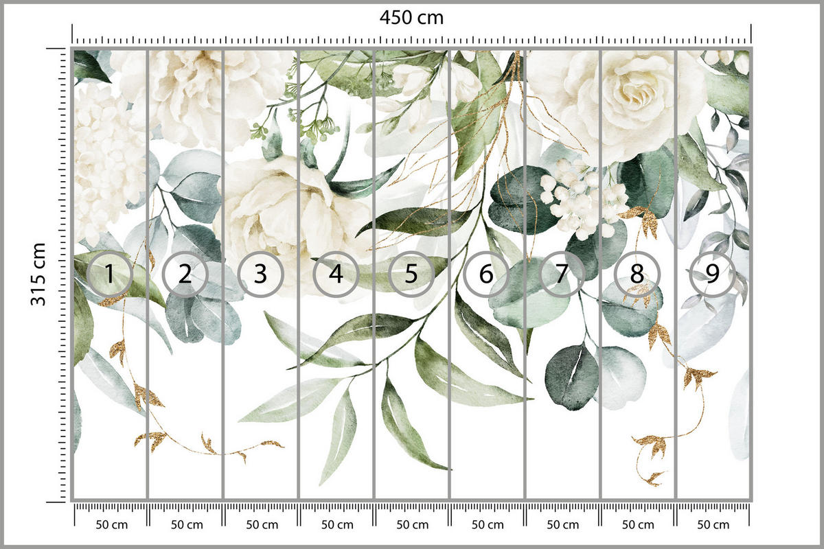 FOTOTAPETE für Schlafzimmer Aquarell Weiße Blumen Pfingstrosen Blätter Natur 450x315 - Creme/Weiß, Papier (450/315cm) - Muralo