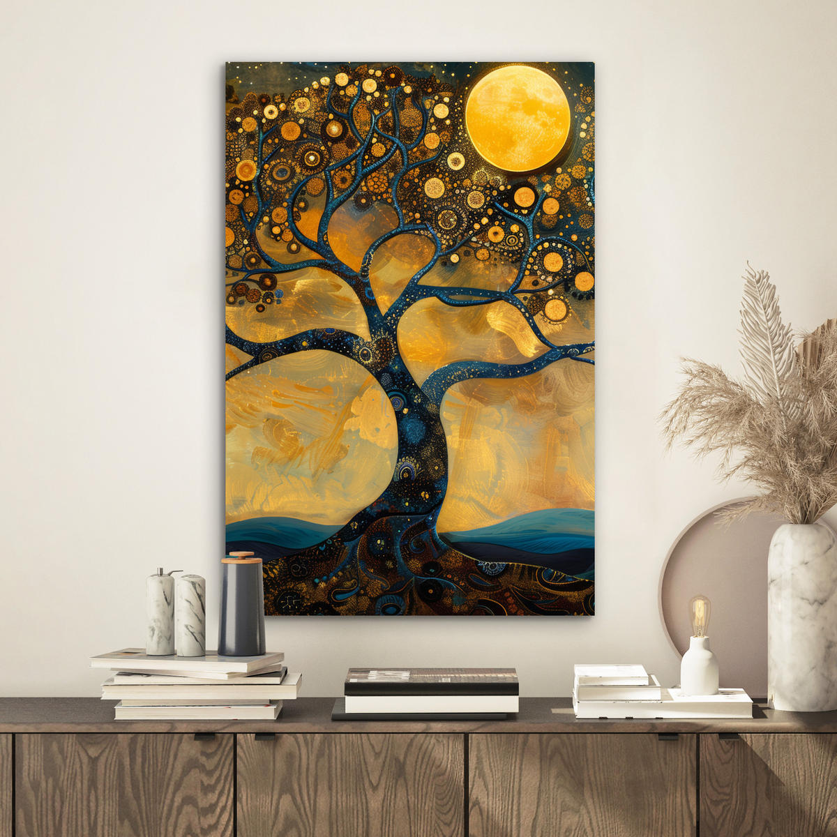 METALLBILD Baum - Mond - Blumen - Gold - Kunst 40x60 cm - Orange, Metall (40/60cm) - MuchoWow