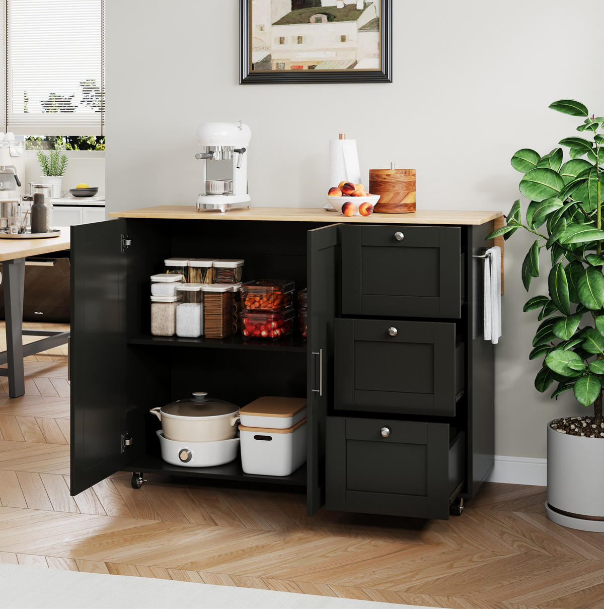 KÜCHENINSEL 135/90/44(70) cm Schwarz/Natur aus MDF mit klappbarer Arbeitsplatte - Schwarz, Holzwerkstoff (44/90/135cm) - OKMYHOME