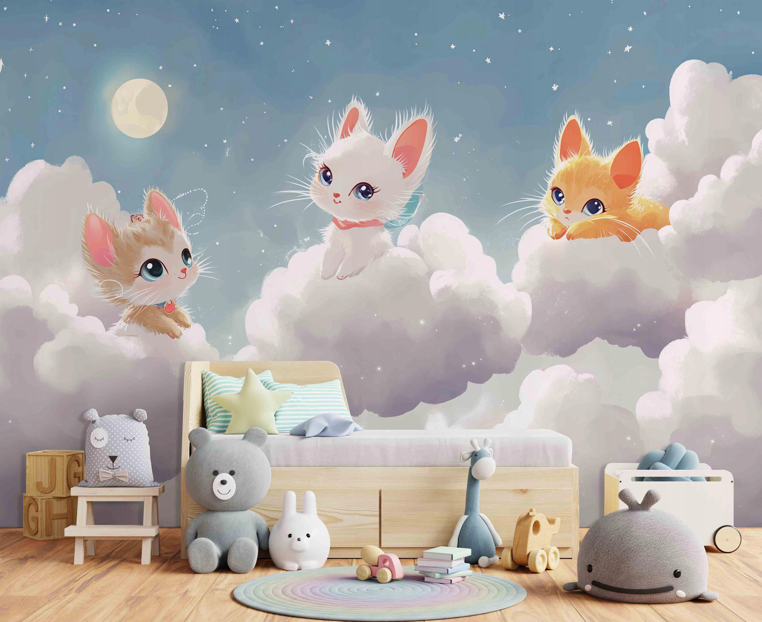 FOTOTAPETE Kinderzimmer Katze Wolken 150x105 - Multicolor, Papier (150/105cm) - Wallarena