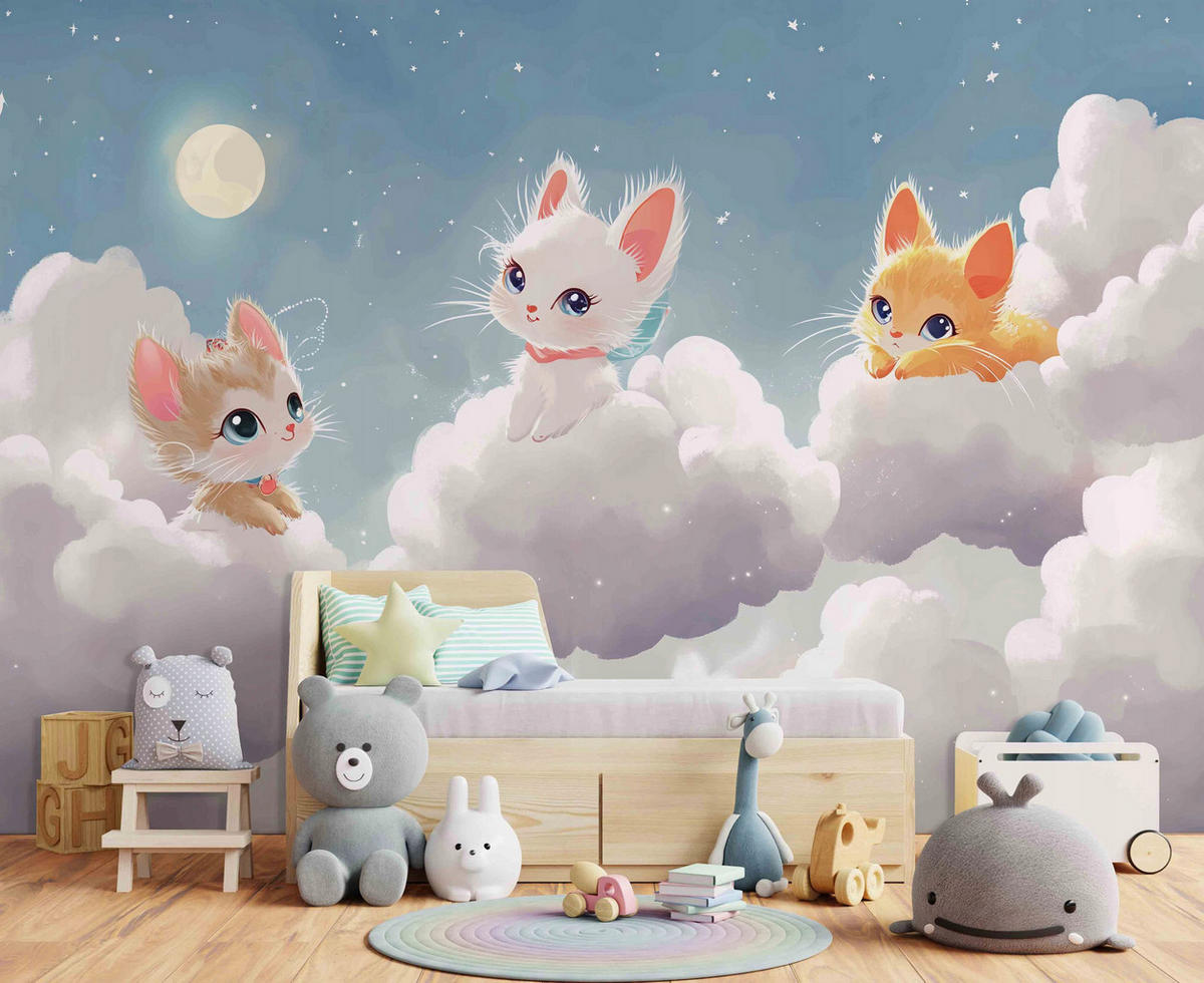 FOTOTAPETE Kinderzimmer Katze Wolken 150x105 - Multicolor, Papier (150/105cm) - Wallarena