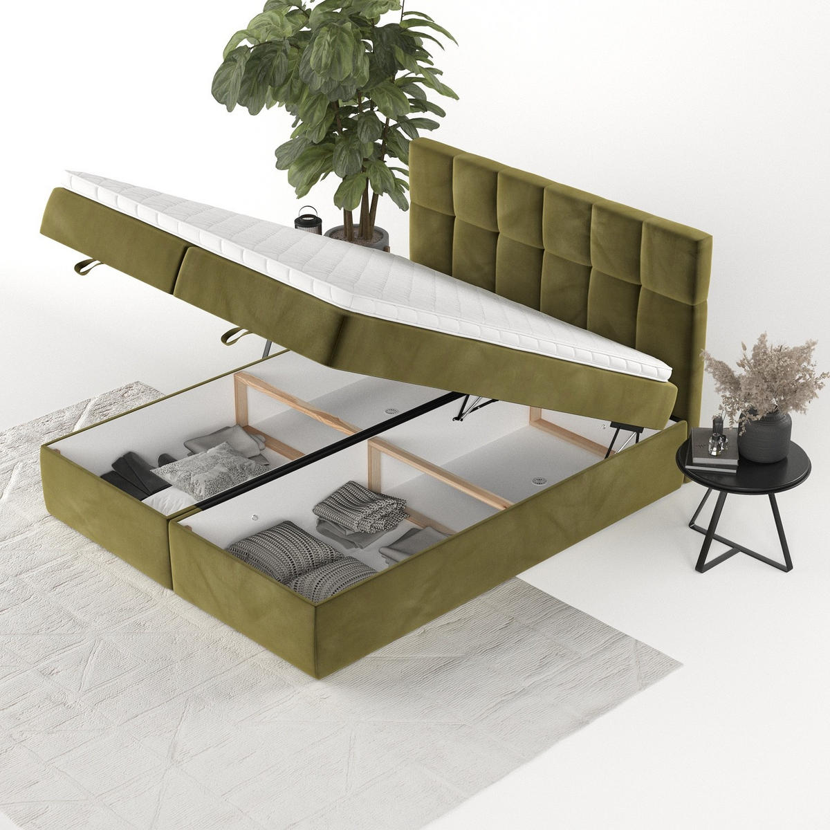 BOXBETT Savio 200/200 cm Olivgrün im Kronos Stoff - Schwarz/Olivgrün, Holz/Holzwerkstoff (200/200cm) - AltaBeds