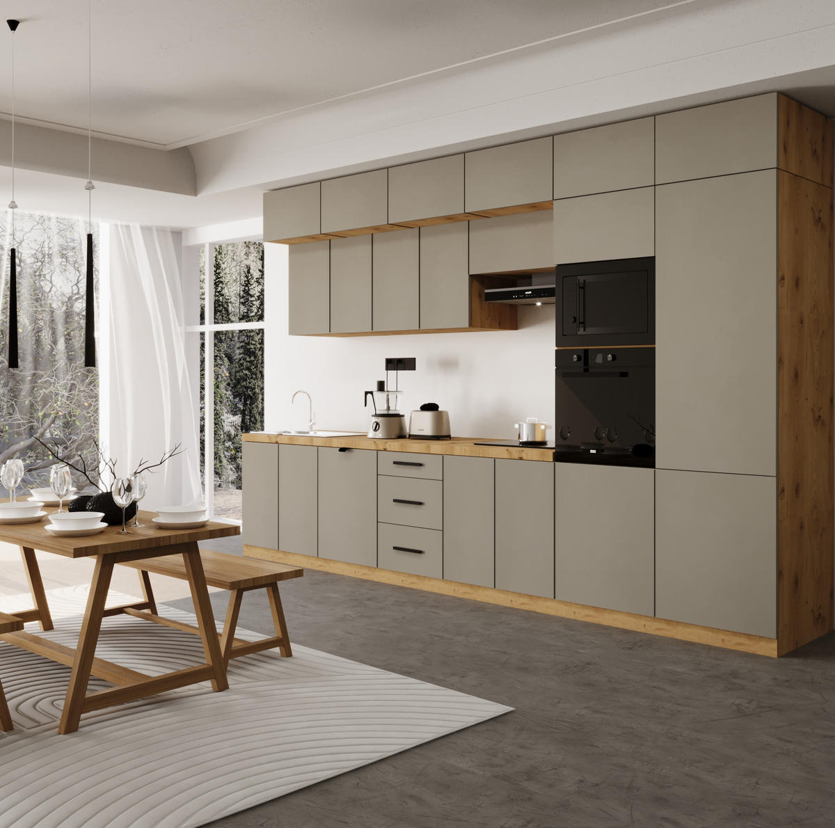 KÜCHENZEILE 400 cm - Langen KL9-M400 in Beige / Matt - Beige, Holz (400/248/58cm)