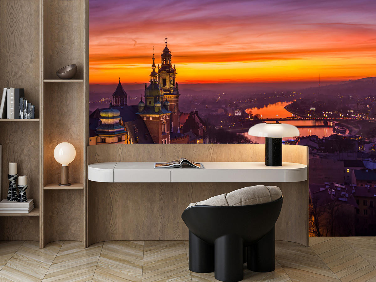 FOTOTAPETE für Wohnzimmer Sonnenuntergang Wawelburg Architektur Stadt 300x210 - Orange, Papier (300/210cm) - Muralo