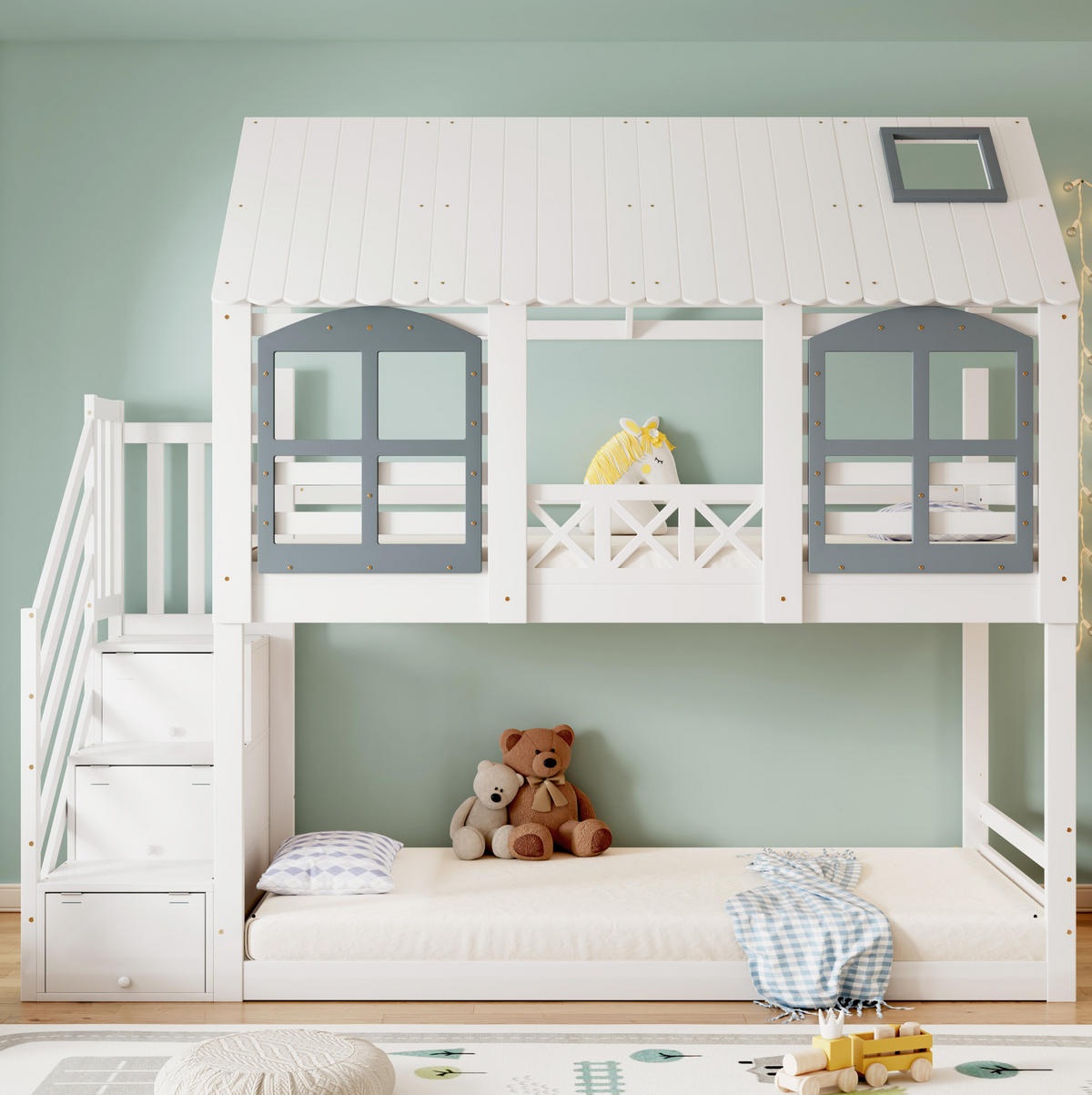 ETAGENBETT 90/200 cm in Weiß/Grau mit Stauraumtreppe, Dach und Fenster - Weiß, Holzwerkstoff (90/200cm) - OKMYHOME