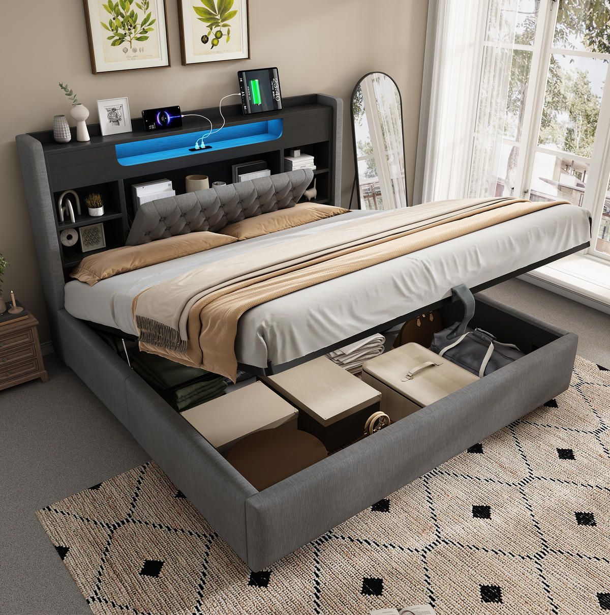 POLSTERBETT 140/200 cm aus Leinen mit Bettkasten LED und USB-C Grau - Grau, Textil (140/200cm) - Modenvie