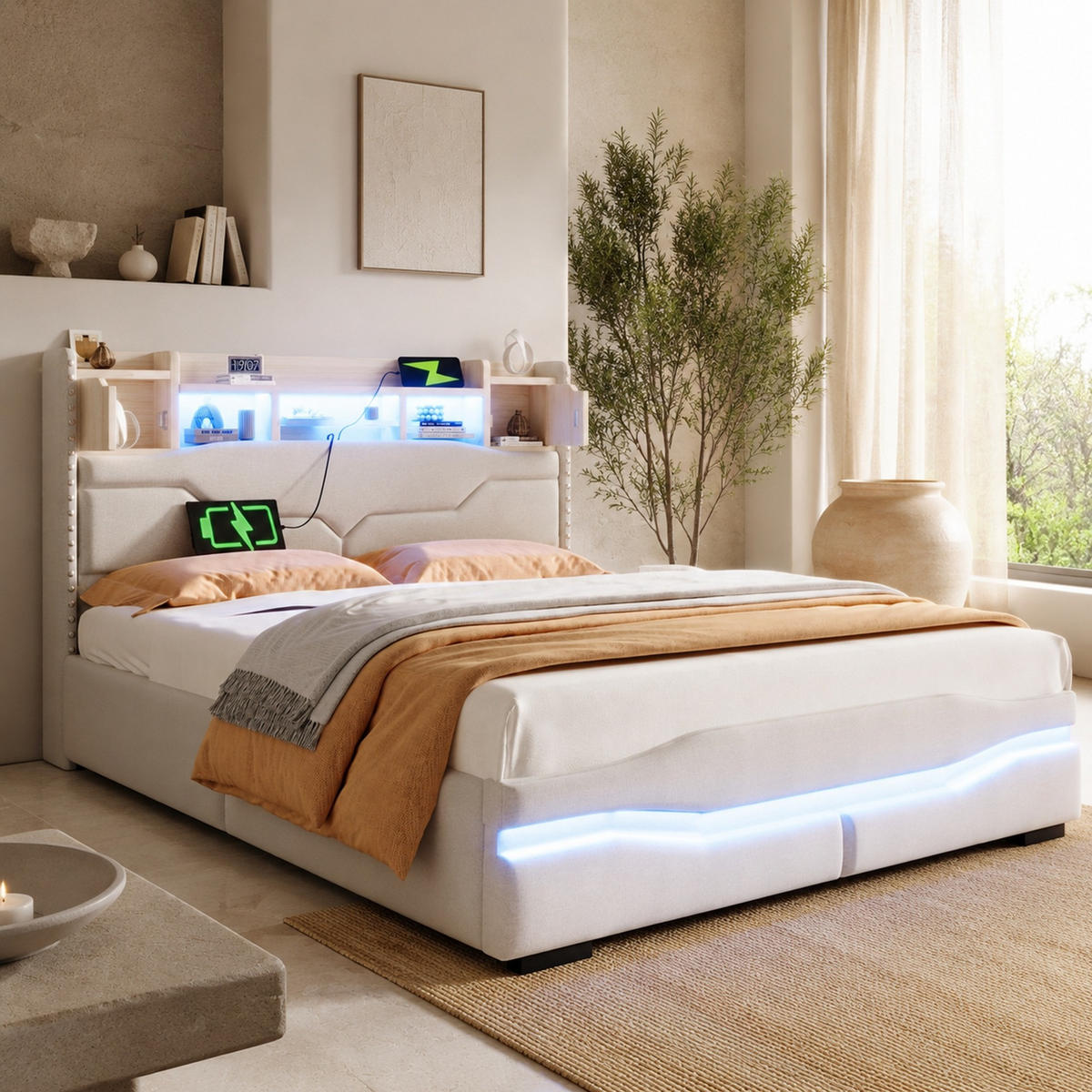 POLSTERBETT 140/200 mit Stauraum, LED und USB-Anschlüssen in Beige - Beige, Holzwerkstoff/Textil (140/200cm) - EVRYAE
