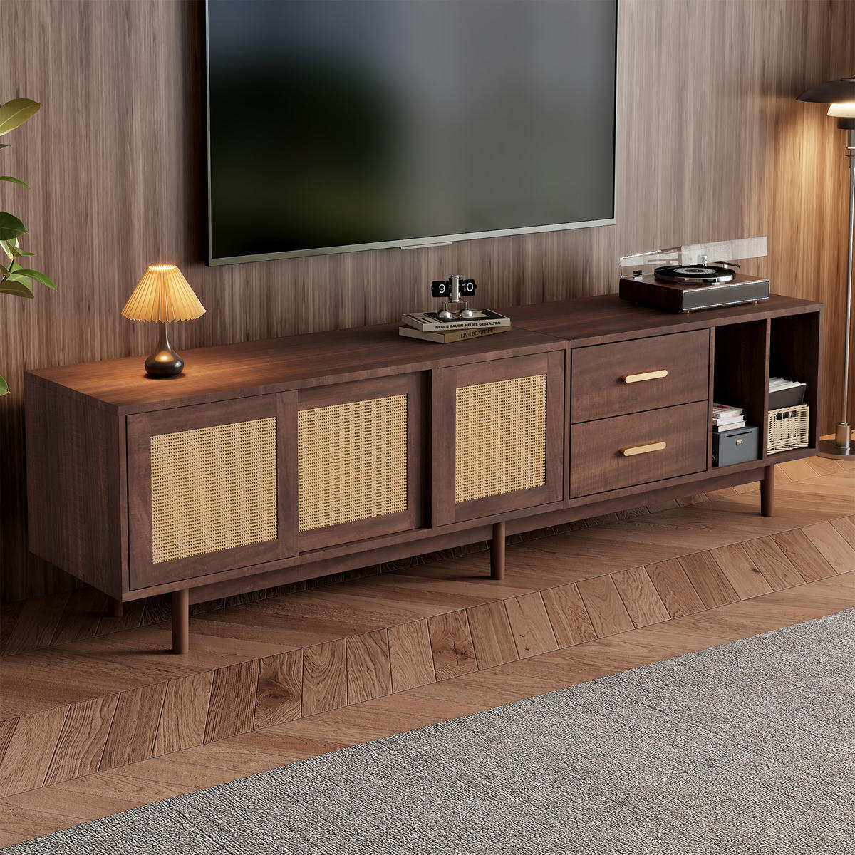 TV-RACK 190x40x52cm Braun Rattan-Optik Lowboard für 75-Zoll-Fernseher - Braun, Holz (48.5/13.5/122.2cm) - Raelunyi