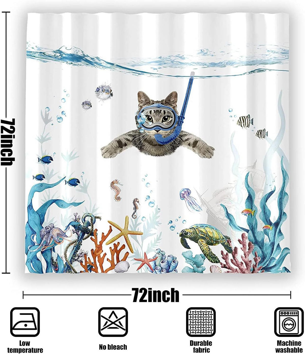 DUSCHVORHANG Katze Ozean bedruckt Polyester schnell trocknend wasserdicht waschbar mit Haken - Multicolor, Textil (180/180cm) - MCBOSON