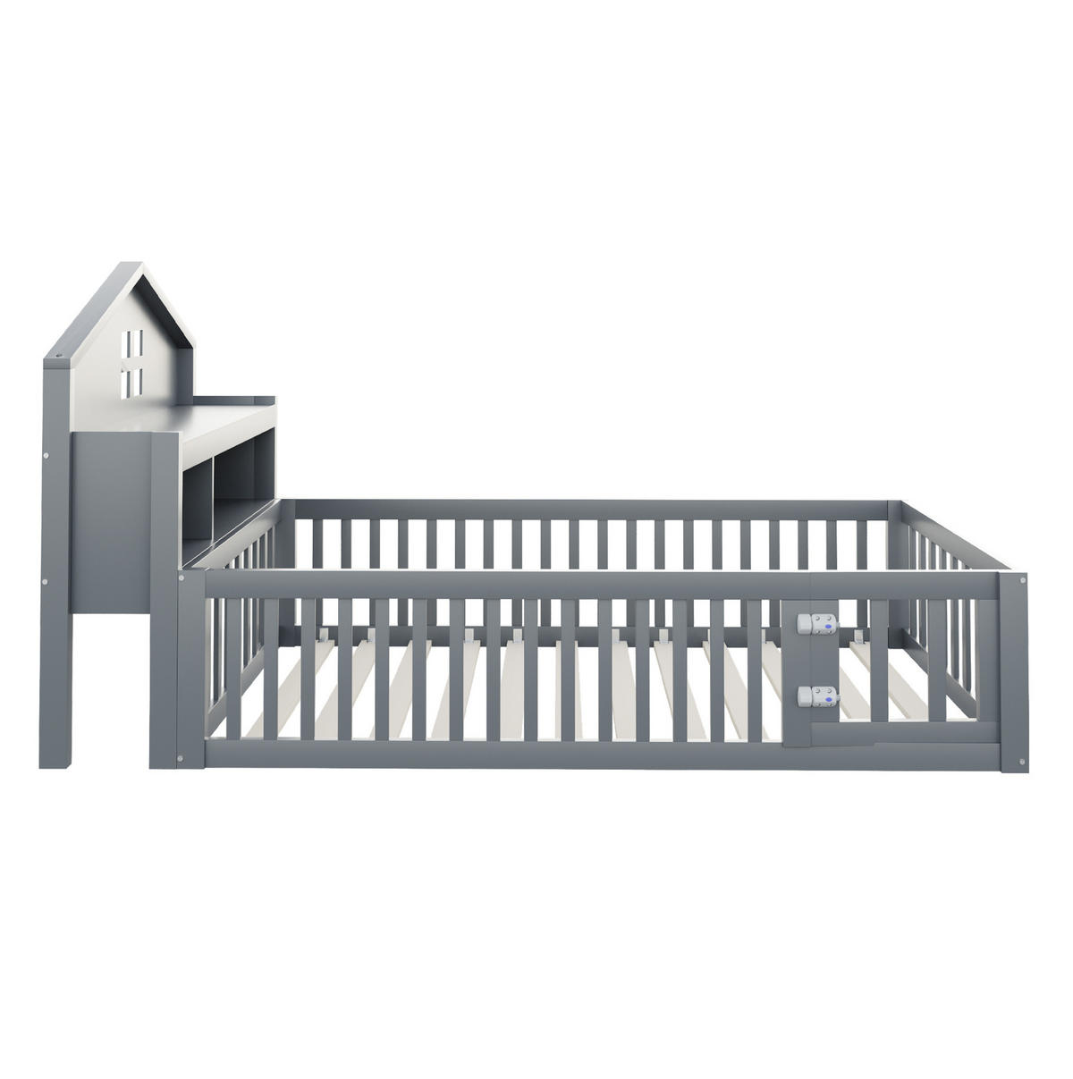 KINDERBETT aus Kiefernholz 90x200 cm Grau mit Schutzgitter, Tür, Regal und Kreidetafel - Grau, Holzwerkstoff (90/200cm) - IVMEU