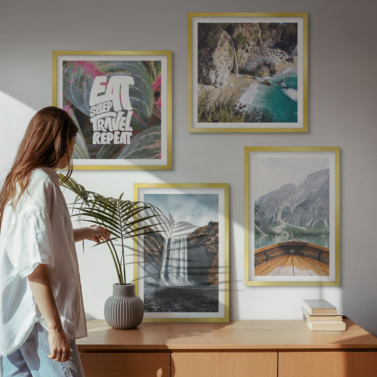 WANDBILDER 4er Set - 50x50 cm & 40x60 cm Goldrahmen - Wasserfall Bergreise Natur - Goldfarben, Kunststoff (50/50cm) - ArtPrintCave