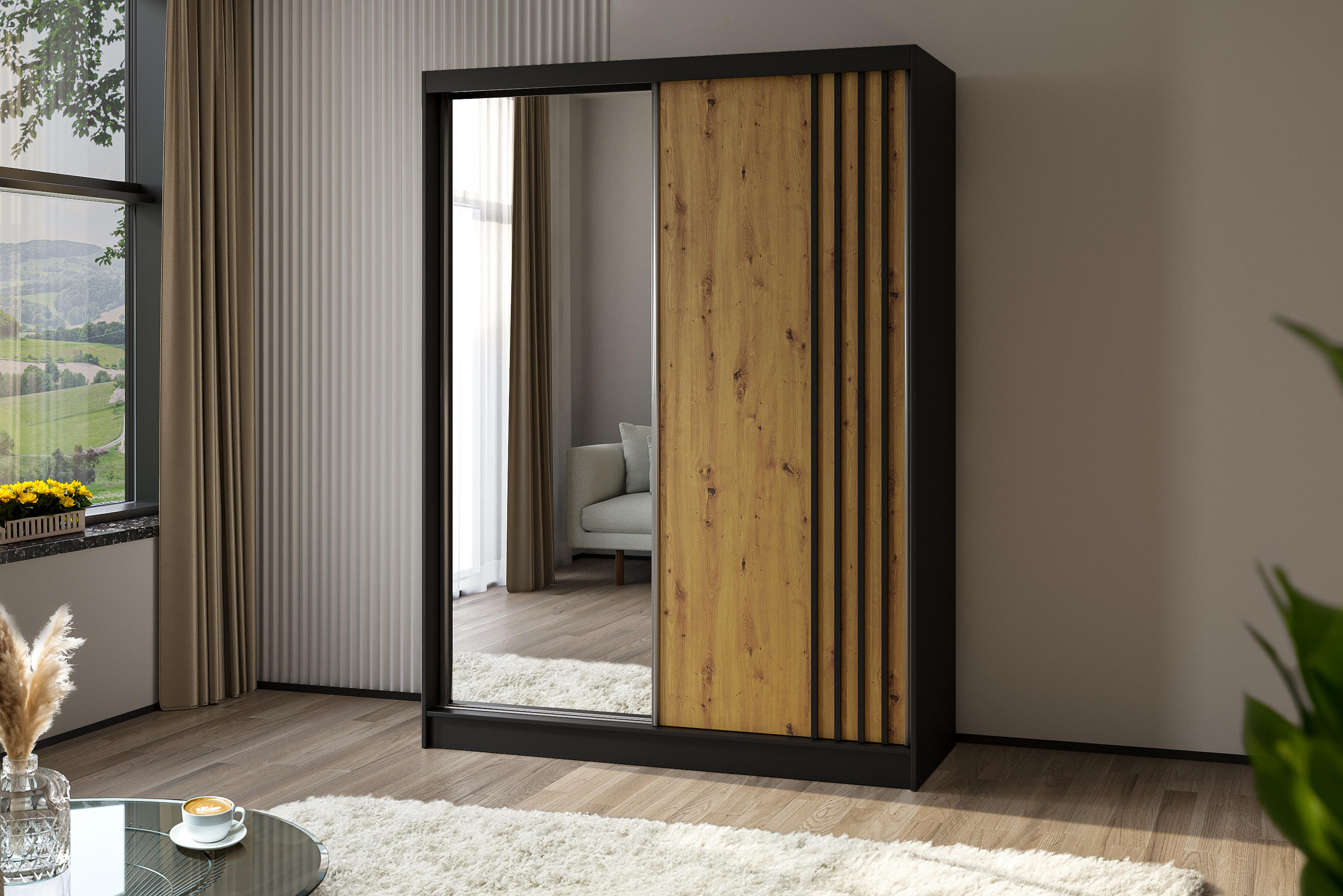 KLEIDERSCHRANK mit Spiegel-Schiebetüren und Aluminium-Leisten, LED-Beleuchtung - NALLA - 160 cm Schwarz+Artisan+Schwarz - Schwarz/Eiche Artisan, Holzwerkstoff (160/216/61cm) - ALTDECOR