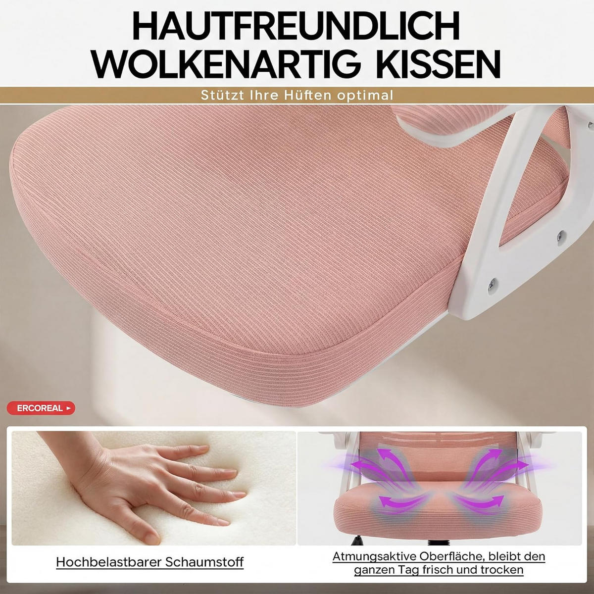 BÜROSTUHL Ergonomischer 90-110°neigbar, 90° Aufklappbare Armlehnen - Rosa, Metall (60/92/57cm)
