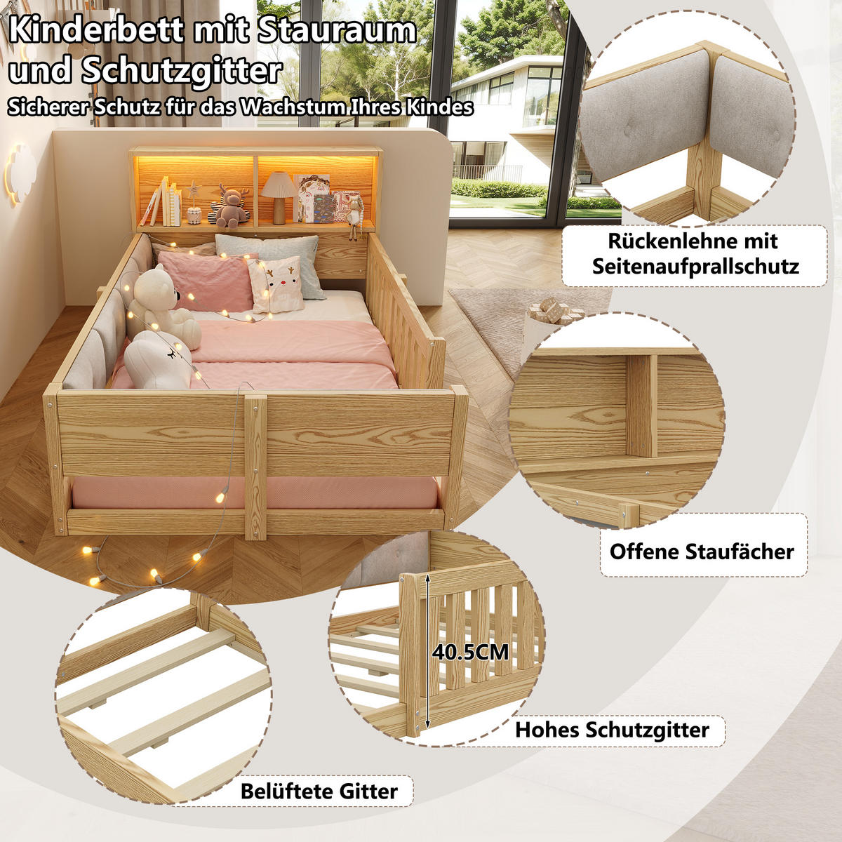 FLACHBETT 90x200cm Gitter Kinderbett LED Natur - Naturfarben, Holzwerkstoff (90/200cm) - FLIEKS