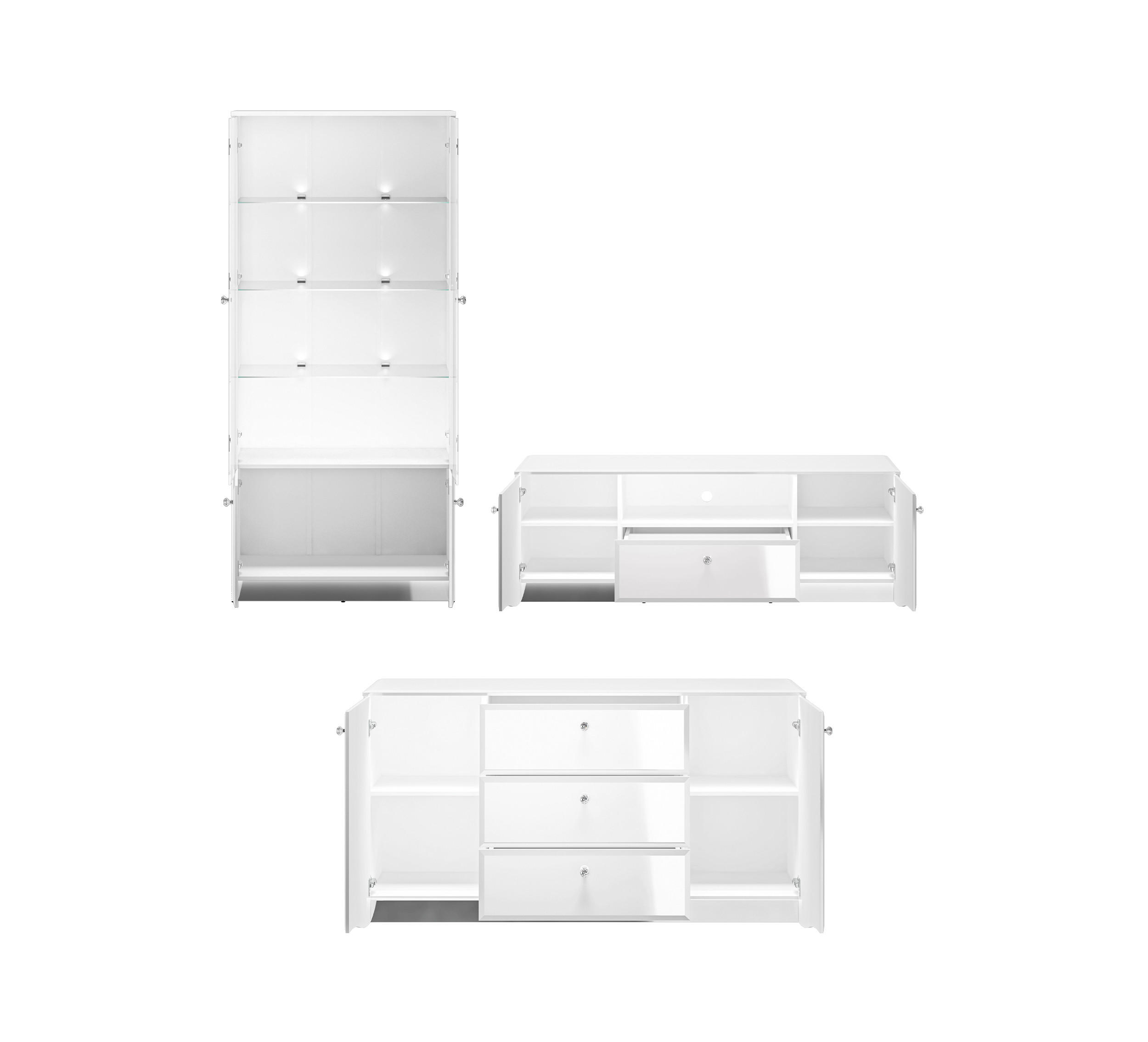 WOHNZIMMER-SET Glamour weiß / weiß hochglanz 3-teilig - Weiß Hochglanz/Weiß, Glas/Holz (407/191/41cm) - Feldmann-Wohnen