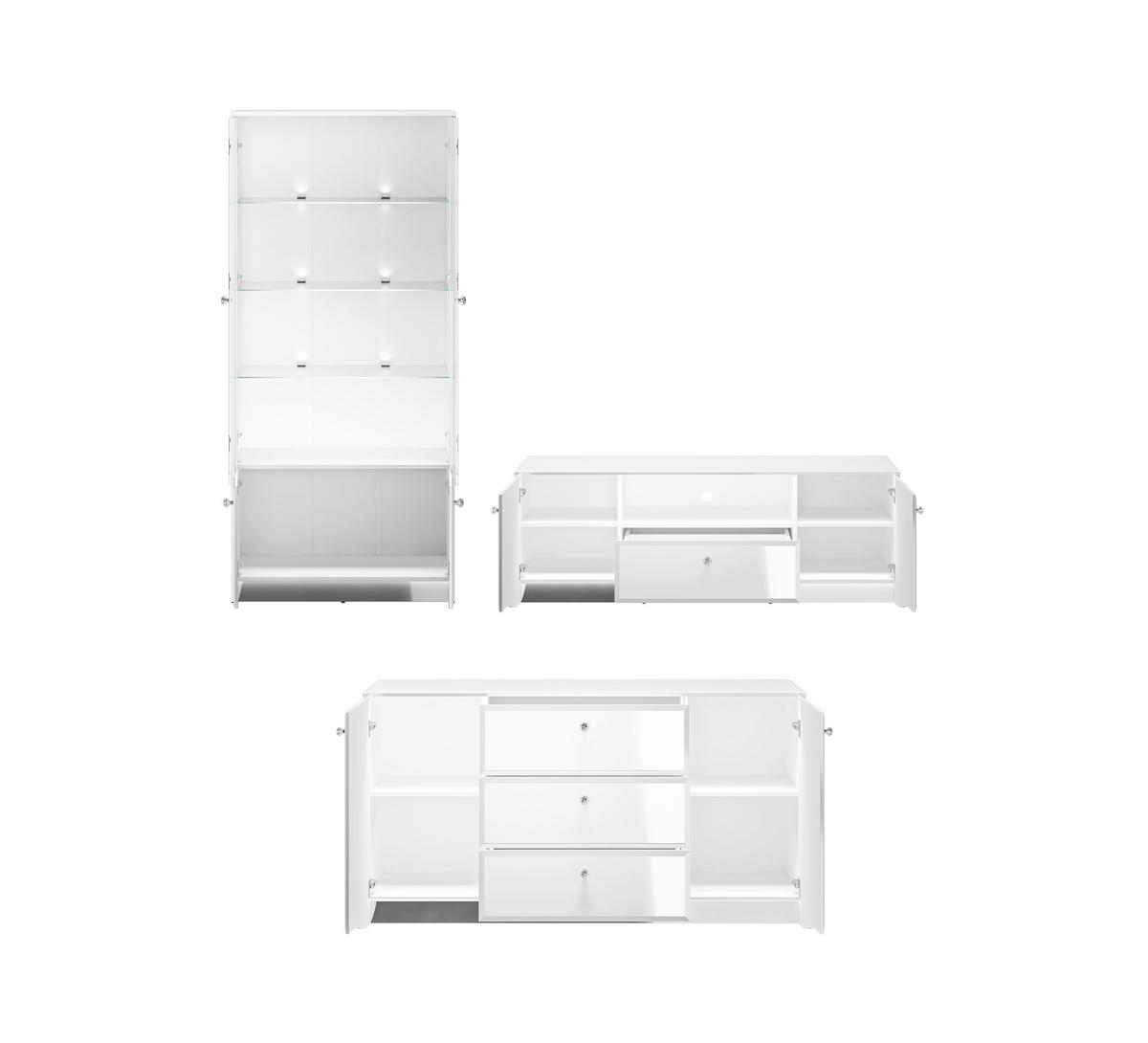WOHNZIMMER-SET Glamour weiß / weiß hochglanz 3-teilig - Weiß Hochglanz/Weiß, Glas/Holz (407/191/41cm) - Feldmann-Wohnen