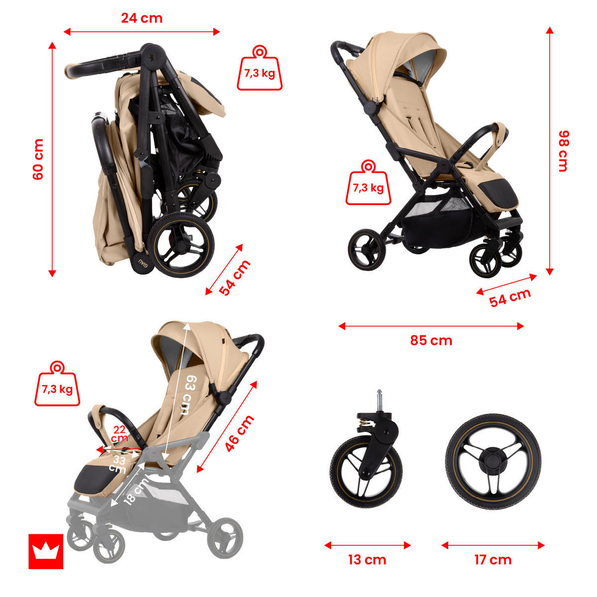 BUGGY Giau, Klein und Leicht, Teleskopische Führung, Kompakt Faltbar, Wickeltasche, Reisetasche - Schwarz/Braun, Textil/Metall (58/98cm) - BabyLux