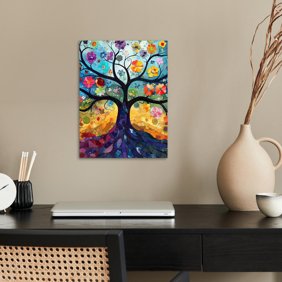 POSTER Kunst - Baum des Lebens - Blumen - Hippie 30x40 cm - Dunkelblau, Papier (30/40/0.1cm) - MuchoWow