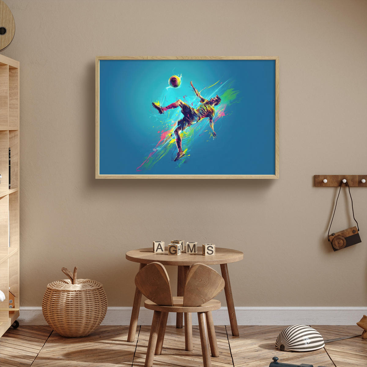 NACHTTISCHLAMPE MIT AKKU Fußballer - Farbspritzer - Farbenfroh - Ball 100x70 cm - Blau, Holzwerkstoff (8/100/70cm) - OnlyWow