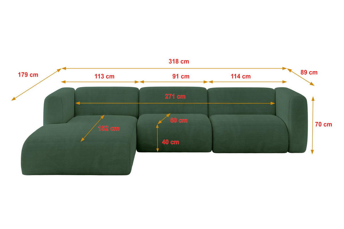 ECKSOFA Ottomane Links MIRA-L2 318x179x89 Grün Cord - Salbeigrün/Schwarz, Holzwerkstoff/Kunststoff (318/179cm) - ALTDECOR