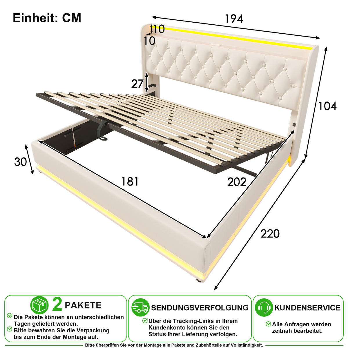 POLSTERBETT 180/200 cm in Weiß mit Bettkasten, LED, USB und Type-C PU - Weiß, Holzwerkstoff/Textil (180/200cm) - CHICFURN