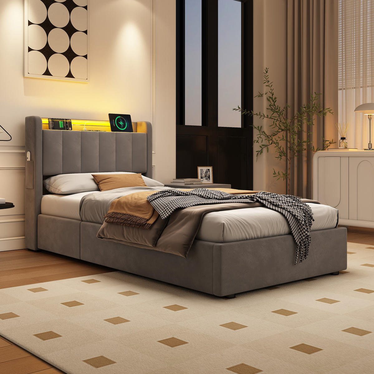 POLSTERBETT 90/190 cm Grau mit LED-Lichtleiste und USB-Anschlüssen - Grau, Holzwerkstoff (90/190cm) - OKWISH