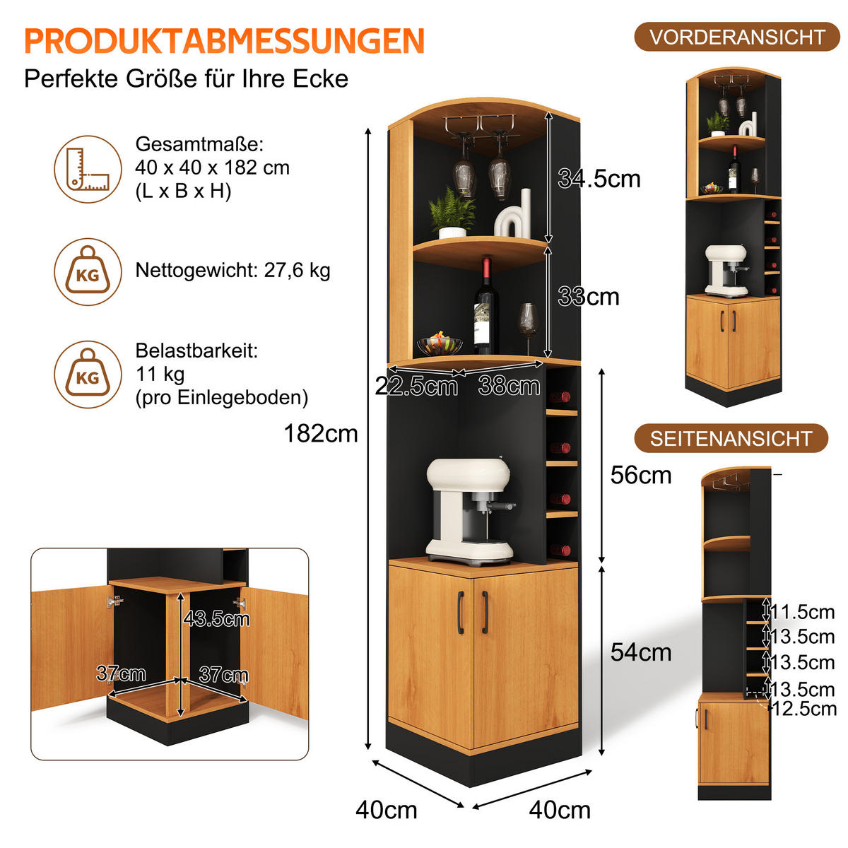 HIGHBOARD DE-38705 40/40/182 cm Weinglasregal und 4 Weinfächer Schwarz - Schwarz, Holzwerkstoff (40/182/40cm) - ComfortXL