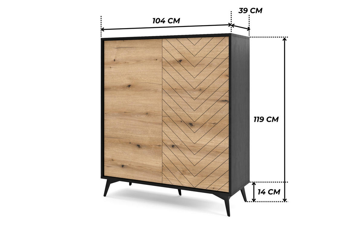 HOCHKOMMODE DIAMOND KW2D (Eiche Evoke, Schwarz, Fischgrätmuster, Metallfüße, Push to Open) - Eichefarben/Schwarz, Holz/Holzwerkstoff (104/119/39cm) - Ravio