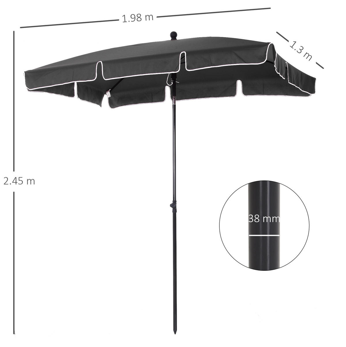 SONNENSCHIRM rechteckig 198/130 cm in Grau mit Neigefunktion - Grau, Metall (130/198cm) - BEAOK