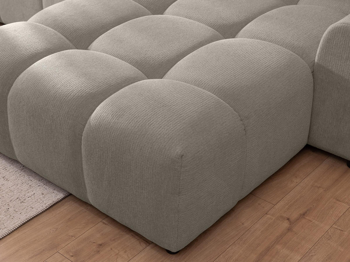 ECKSOFA inkl. Hocker Bubble mit Schlaffunktion und losen Rückenkissen, Sitzfläche Bubble-Optik aus weichem Taupe Strukturstoff - Ottomane Rechts - Taupe/Schwarz, Holz/Kunststoff (306/180cm) - S-Style Möbel