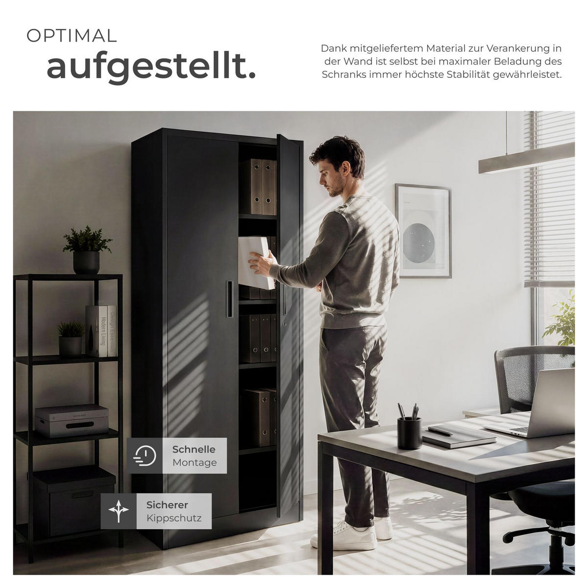 AKTENSCHRANK Brandon, Kippschutz, höhenverstellbare Füße, schwarz - Schwarz, Metall (60/180.5/40cm) - tectake