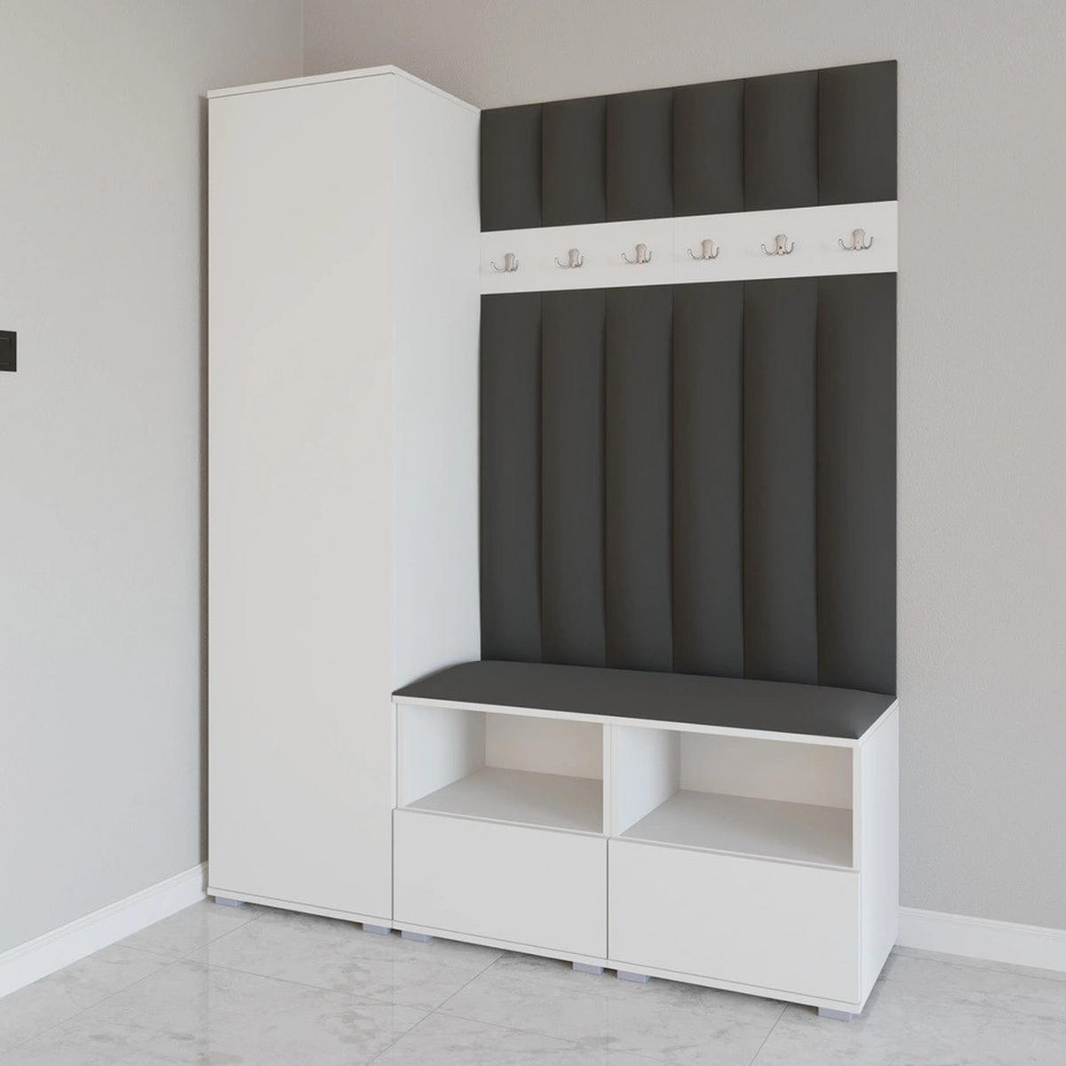 GEPOLSTERT Garderoben-Set Nela II LUX (Farbe Weiß + Stoff Trinity 15) - Dunkelgrau/Silberfarben, Holz/Holzwerkstoff (150/187/40cm) - Ravio