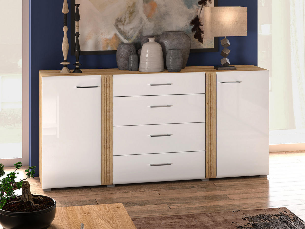 SIDEBOARD Adagio weiß Hochglanz / Eiche castello 190 / 42 / 90cm - Weiß Hochglanz/Weiß, Holz/Holzwerkstoff (190/90/42cm) - Feldmann-Wohnen